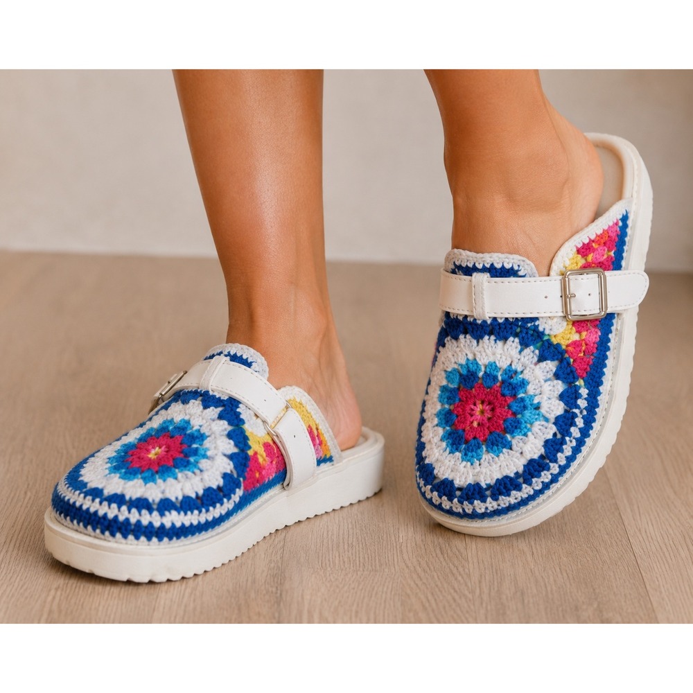 Azalea Wang Murphey White Multi Crochet Granny Square Platform Mules Clogs 7